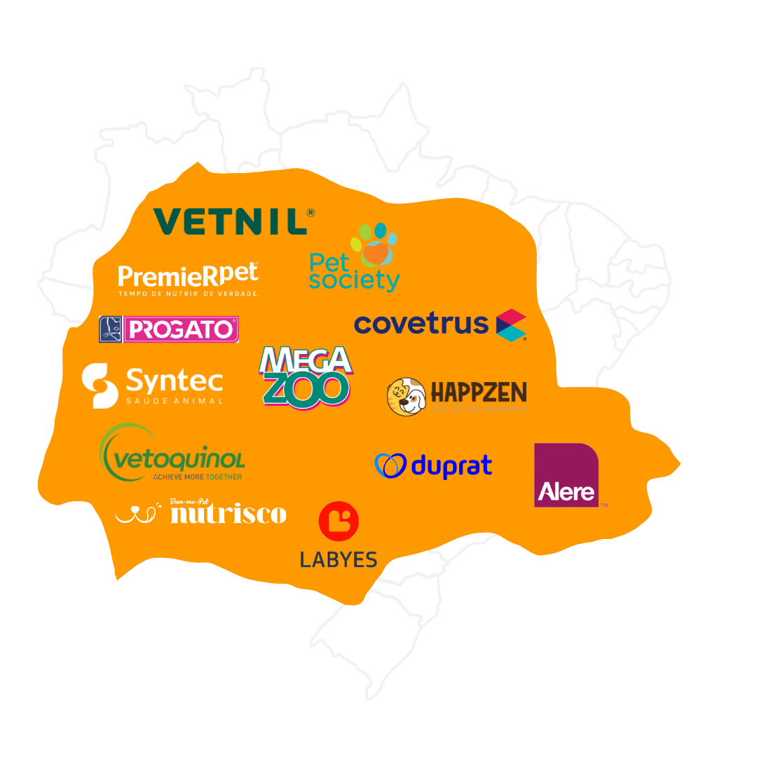 Mapa do Brasil em linhas, sobreposto com o mapa do Paraná em laranja com a logo marca das empresas citadas no texto seguinte.