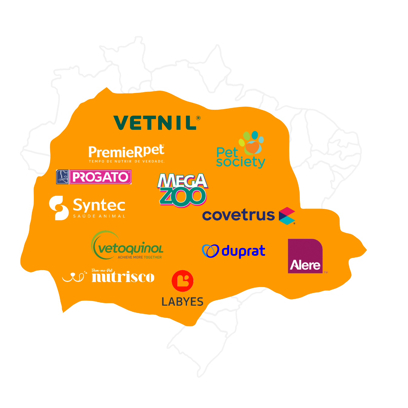 Mapa do Brasil em linhas, sobreposto com o mapa do Paraná em laranja com a logo marca das empresas citadas no texto seguinte.