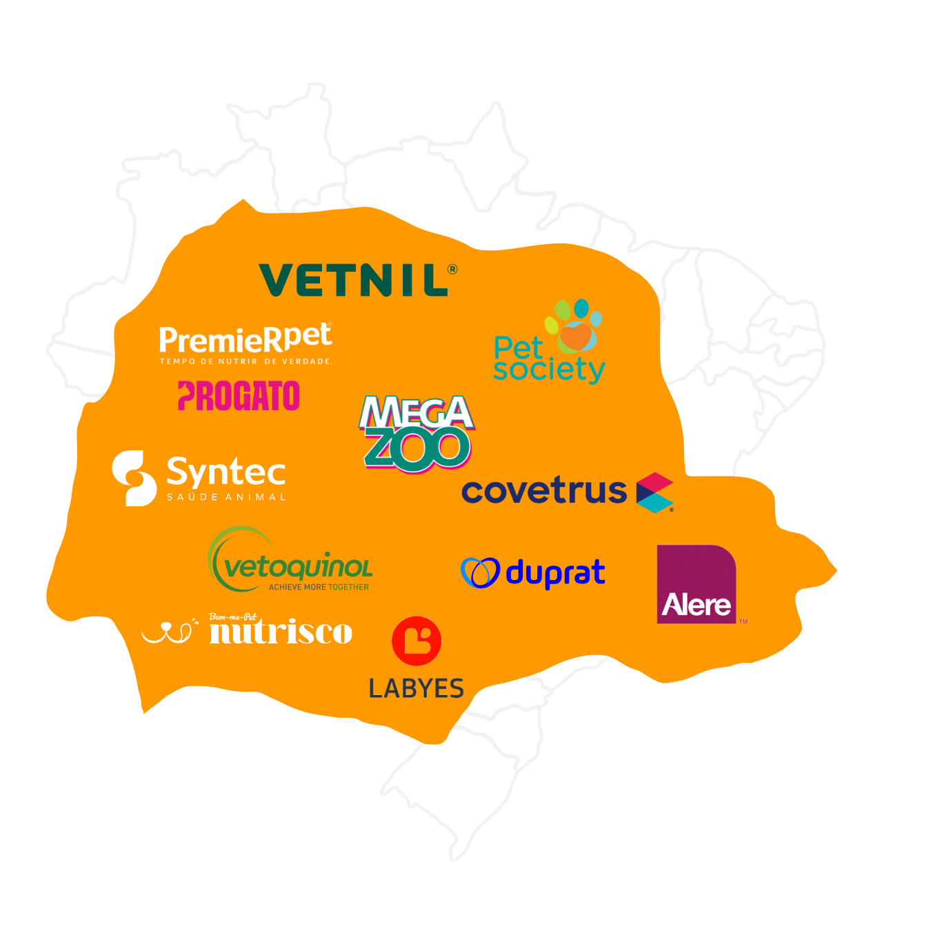 Mapa do Brasil em linhas, sobreposto com o mapa do Paraná em laranja com a logo marca das empresas citadas no texto seguinte.